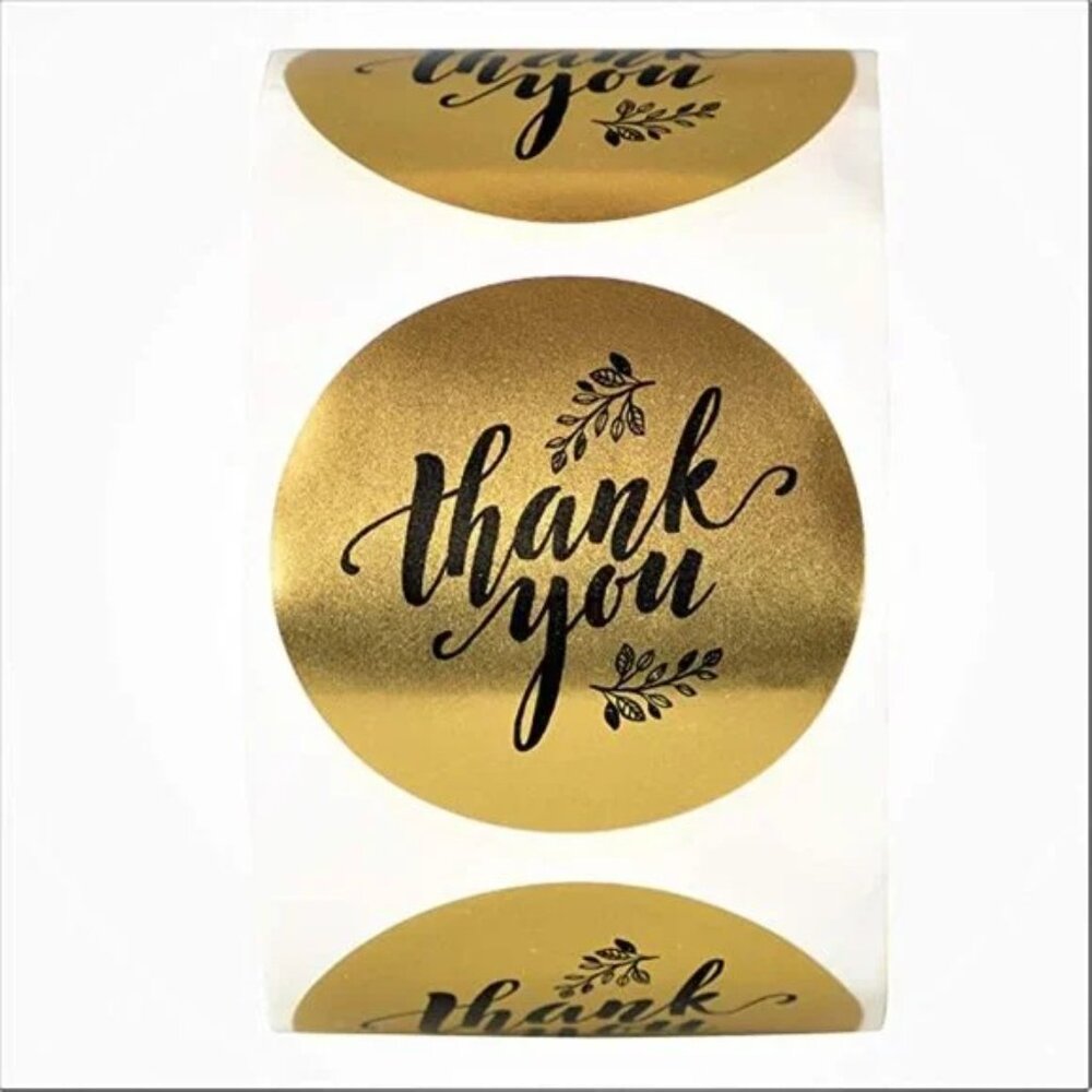 50 Black & Gold Thank You Stickers 1.5” Round Foil Labels